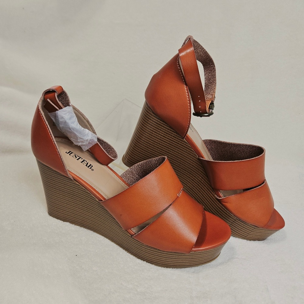 JustFab Cognac Paola Ankle Strap Platform Wedge Sandals 11 Boho Summer Dressy